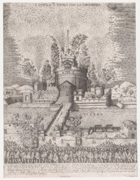 Speculum Romanae Magnificentiae: The Girandola at the Castel Sant'Angelo, Rome, 1579, 1579., 1579. Creator: Giovanni Ambrogio Brambilla.