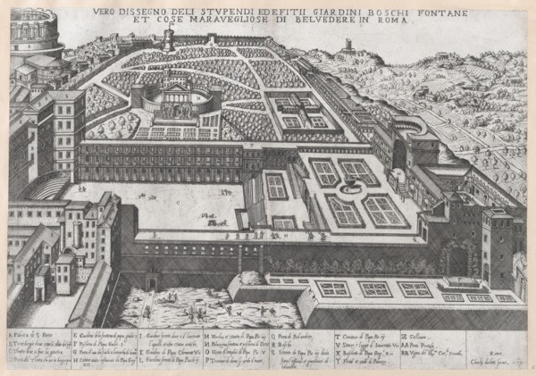 Speculum Romanae Magnificentiae: Aerial View of the Belvedere and its Gardens, 1579., 1579. Creator: Attributed to Giovanni Ambrogio Brambilla.