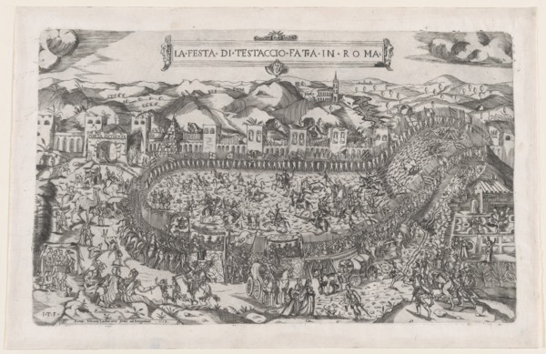Speculum Romanae Magnificentiae: Carnival games held in the Mount Testaccio in Rome, 1558., 1558. Creators: Vincenzo Luchino, Monogrammist ITF.