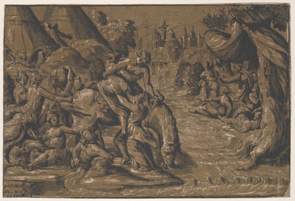 Cloelia the Roman hero in the centre being helped onto a horse, Rome in the background,..., 1540-50. Creators: Niccolo Vicentino, Maturino da Firenze.