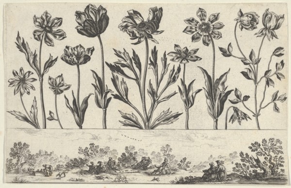 Horizontal Panel with a Row of Flowers Above a Frieze with Figures in a Landscape, from Li..., 1645. Creator: Nicolas Cochin.
