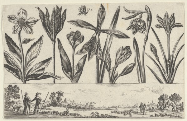 Horizontal Panel with a Row of Flowers Above a Frieze with Figures in a Landscape, from Li..., 1645. Creator: Nicolas Cochin.