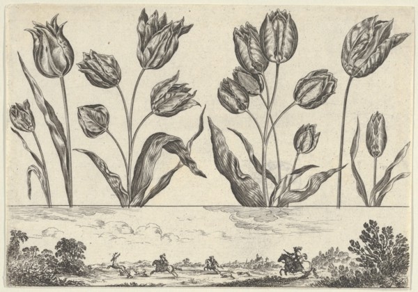 Horizontal Panel with a Row of Flowers Above a Frieze with a Hunting Scene in a Landscape,..., 1645. Creator: Nicolas Cochin.