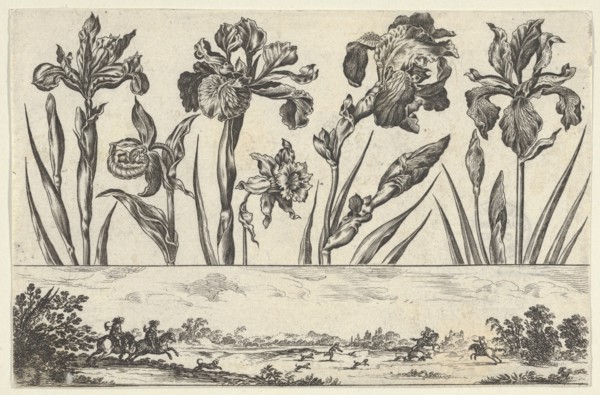 Horizontal Panel with a Row of Flowers Above a Frieze with a Hunting Scene in a Landscape,..., 1645. Creator: Nicolas Cochin.