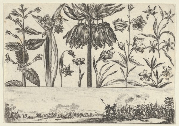 Horizontal Panel with a Row of Flowers Above a Frieze with a Battle Scene in a Landscape, ..., 1645. Creator: Nicolas Cochin.