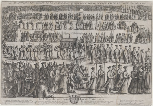 The procession of the casket of St. Genevieve, with clerics and laymen marching in six row..., 1652. Creator: Nicolas Cochin.