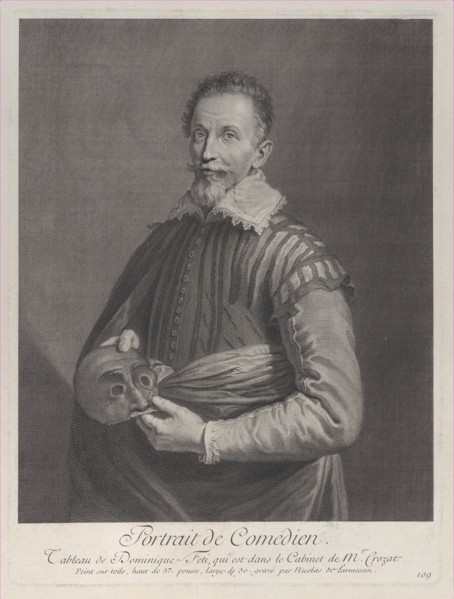 Portrait of a Comedian: portrait of Francesco Andreini holding a mask, 1729-40., 1729-40. Creator: Nicolas de Larmessin.