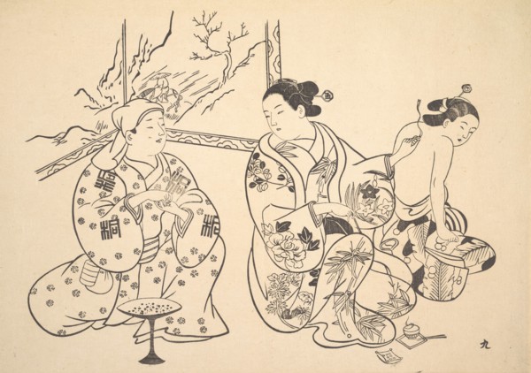 An Oiran Seated in a Parlor Applies the Fire Treatment to the Bared Back of Another Woman. Creator: Unknown.