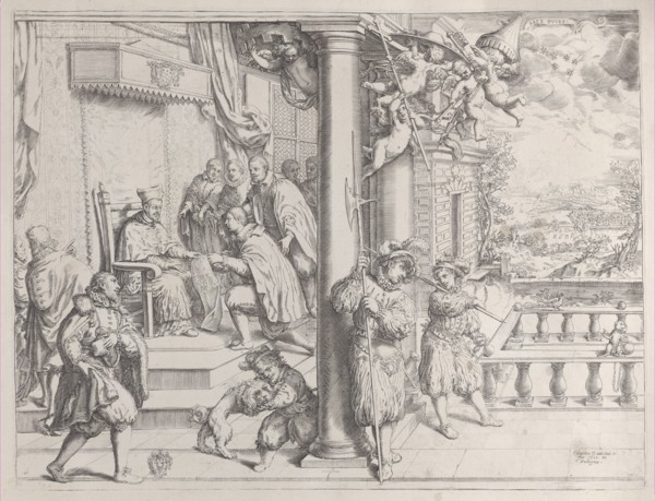 A Young Man Presenting his Thesis to Cardinal Aldobrandini, 1620., 1620. Creator: Oliviero Gatti.