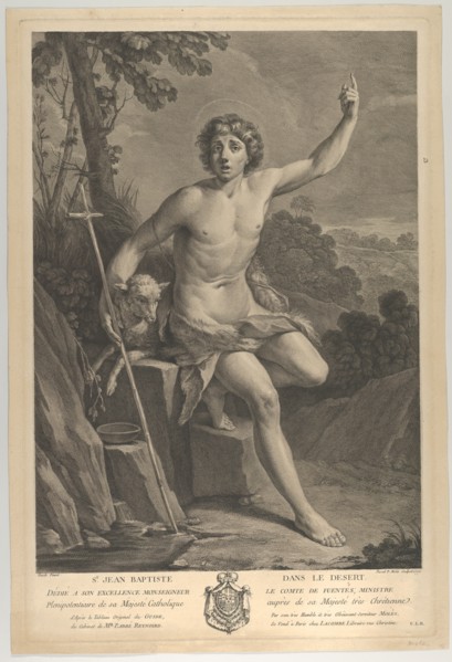 Saint John the Baptist in the desert, seated on a rock and pointing upward with his left h..., 1770. Creators: Guido Reni, Pedro Pascual Moles.