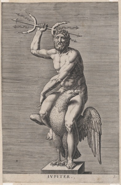 Plate 2: Jupiter; statue of the nude god seated on an eagle, holding a double trident; fro..., 1586. Creator: Philip Galle.