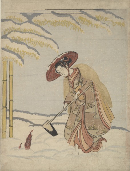Woman Digging Bamboo Shoots in the Snow, or Parody of Meng Zong (Moso), from Twenty-Fo..., ca. 1765. Creator: Suzuki Harunobu.