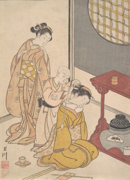 Night Rain at the Double-Shelf Stand, from the series Eight Parlor Views (Zashiki hakk..., ca. 1766. Creator: Suzuki Harunobu.