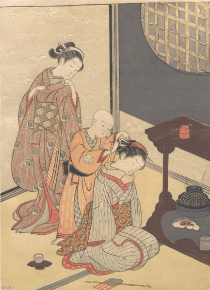 Night Rain at the Double-Shelf Stand, from the series Eight Parlor Views ..., ca. late 18th century. Creator: Suzuki Harunobu.