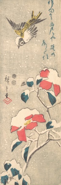 Sparrow and Snow-covered Camellia (Tsubaki), ca. 1845., ca. 1845. Creator: Ando Hiroshige.
