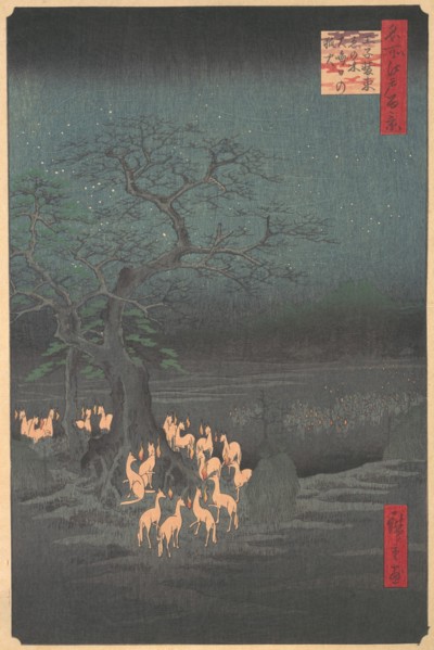 Foxes Meeting at Oji, 1857., 1857. Creator: Ando Hiroshige.