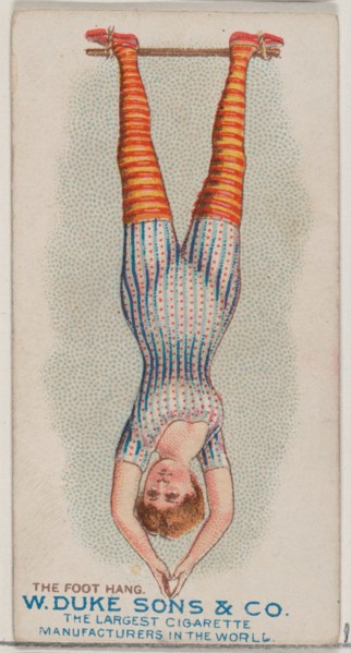 The Foot Hang, from the Gymnastic Exercises series (N77) for Duke brand cigarettes, 1887., 1887. Creator: Unknown.
