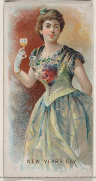 New Year's Day, United States, from the Holidays series (N80) for Duke brand cigarettes, 1890., 1890 Creator: George S. Harris & Sons.