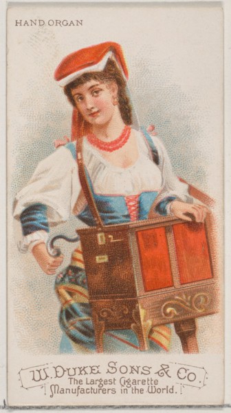 Hand Organ, from the Musical Instruments series (N82) for Duke brand cigarettes, 1888., 1888. Creator: Schumacher & Ettlinger.