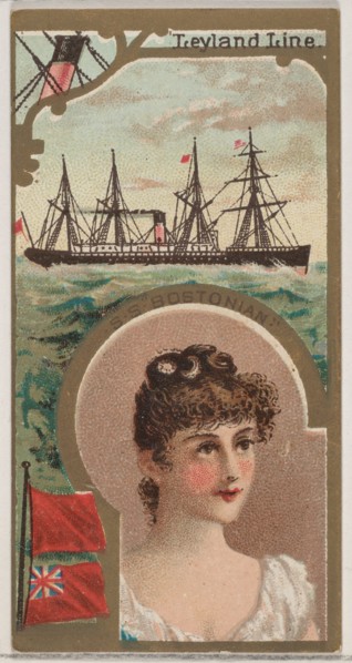 Steamship Bostonian, Leyland Line, from the Ocean and River Steamers series (N83) for Duke..., 1887. Creator: Unknown.
