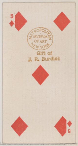 Five Diamonds (red), from the Playing Cards series (N84) for Duke brand cigarettes, 1888., 1888. Creator: Unknown.