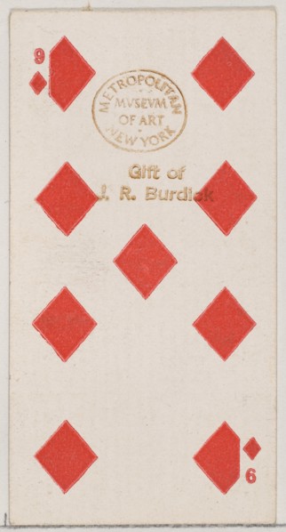 Nine Diamonds (red), from the Playing Cards series (N84) for Duke brand cigarettes, 1888., 1888. Creator: Unknown.