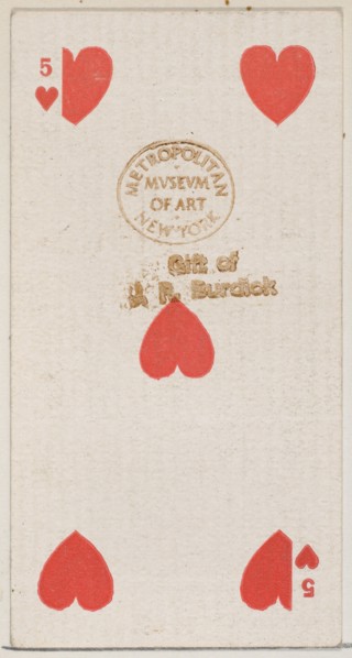 Five Hearts (red), from the Playing Cards series (N84) for Duke brand cigarettes, 1888., 1888. Creator: Unknown.