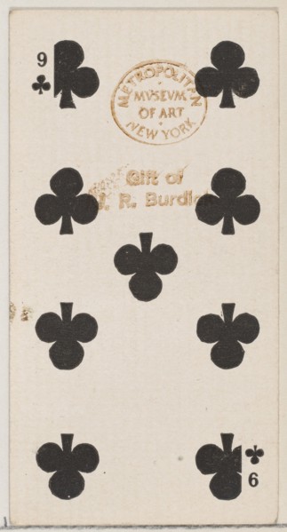 Nine Clubs (black), from the Playing Cards series (N84) for Duke brand cigarettes, 1888., 1888. Creator: Unknown.