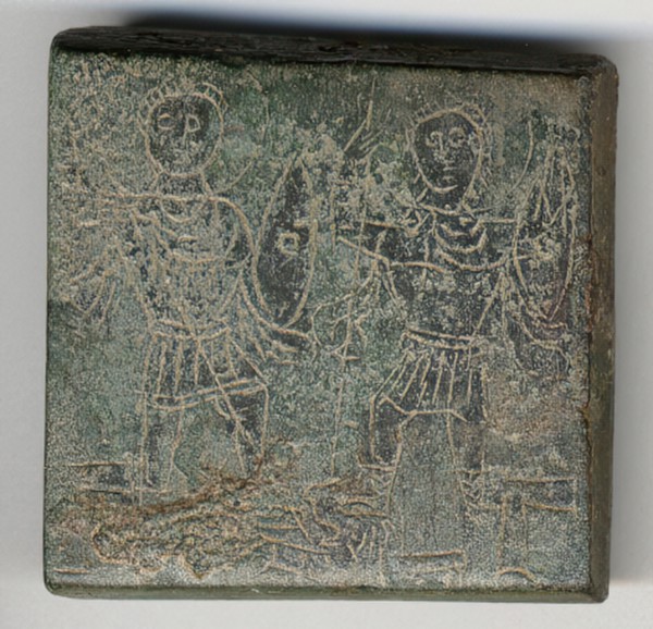 Balance Weight with Two Emperors Hunting a Snake, Byzantine, 4th-5th century. Greek letters identify a three-ounce weight.