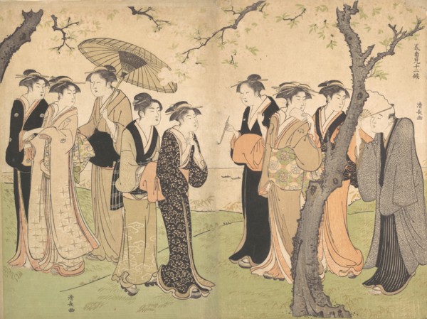 Group of Six Geisha Under the Cherry Trees on Gotenyama, ca. 1785.