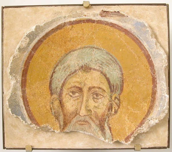 Wall Painting of a Male Saint, Byzantine, 12th century, modern restoration. fresco fragments may represent saint John Chrysostom,
