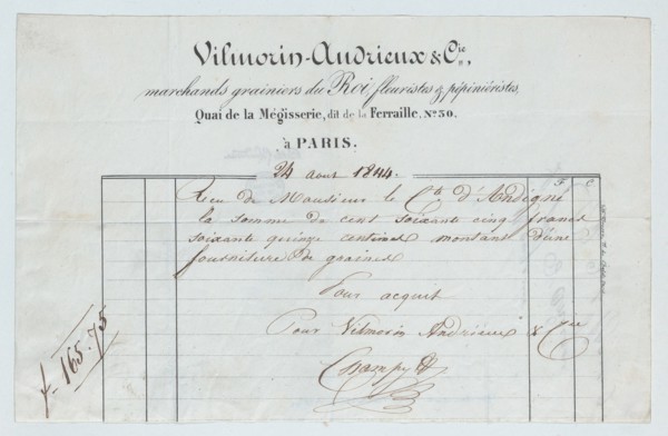 Invoice from Vilmorin-Andrieux et Cie, Paris, for seed supplies to the Count of Andigné, August 24, 1844.
