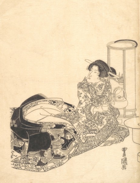Courtesan or Actor as Courtesan Pouring Tea by the Light of a Lantern.