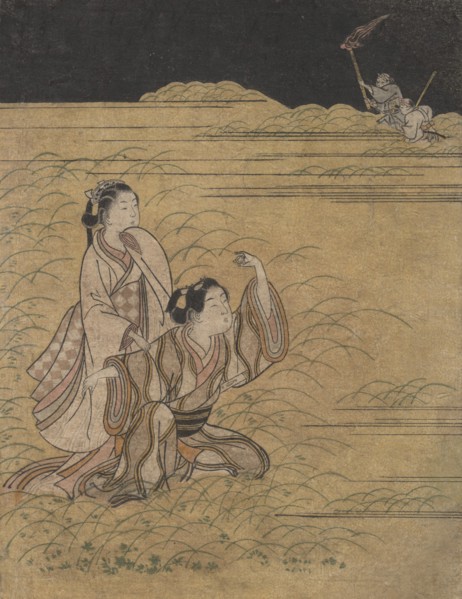 A Young Man and Woman in the Moor of Musashino; Parody of the Akuta River episode of the Tale of Ise (Ise monogatari), ca. 1765-66.