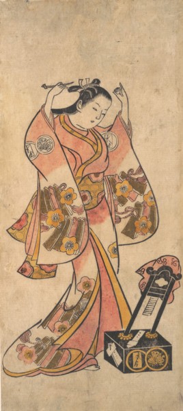 Sanjo Kantaro as a Woman Arranging Her Hair Before a Lacquer Mirror, before 1763.