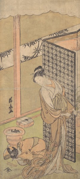 An Oiran in Night Attire, pausing, with one Hand on the Screen that Surrounds Her Bed, ca. 1770.