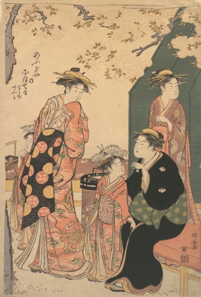 Portrait of the Courtesan Nioteru of the Ogiya, with Her Two Attendants Namiji and Ao-mi, ca. 1785.