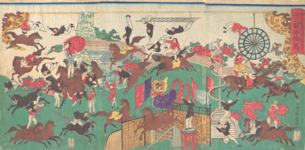 French Equestrian Circus on the grounds of Asakusa Kannon temple (Asakusa kannon keidai ni oite kogyo tsukawashi soro-Furansu kyokuba), 1871.