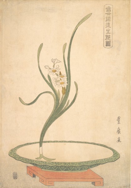 Flower Arrangement of Suisen (Narcissus) in a Flat Green Dish.