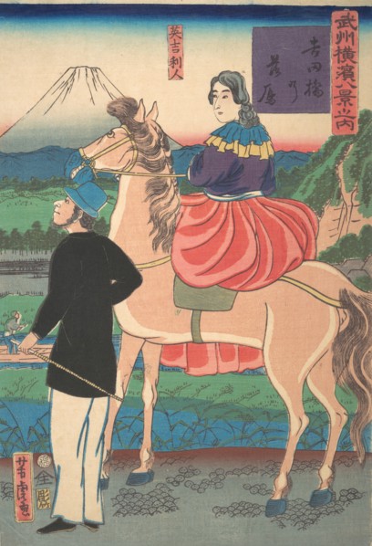 Descending Geese at Yoshida Bridge [English Couple] (Yoshidabashi no rakugan [Igirisujin]), 1st month, 1861.