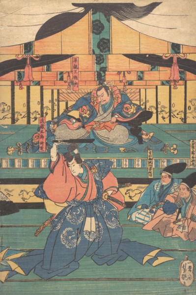 Kabuki actors play as Oashibara Ueno no kami Masahira, Tokiwa Mikuriya Betto Tsuneaki, Tairano Shinno Masakado, Musashi Goro Takeshiba, mid-19th century.