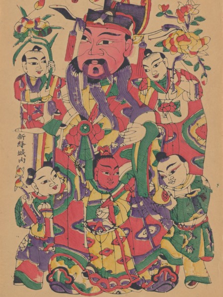 One hundred thirty-five woodblock prints including New Year's pictures (nianhua), door gods, historical figures and Taoist deities, 19th-20th century.