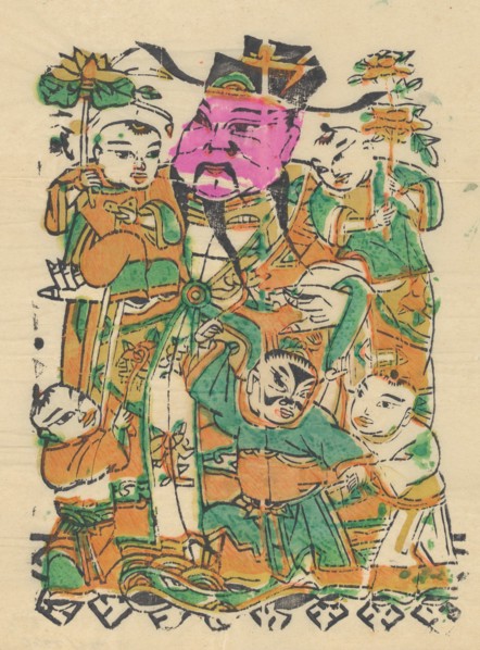 One hundred thirty-five woodblock prints including New Year's pictures (nianhua), door gods, historical figures and Taoist deities, 19th-20th century.