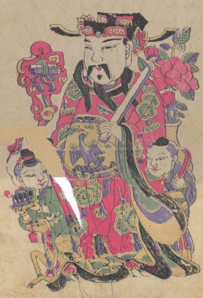 One hundred thirty-five woodblock prints including New Year's pictures (nianhua), door gods, historical figures and Taoist deities, 19th-20th century.