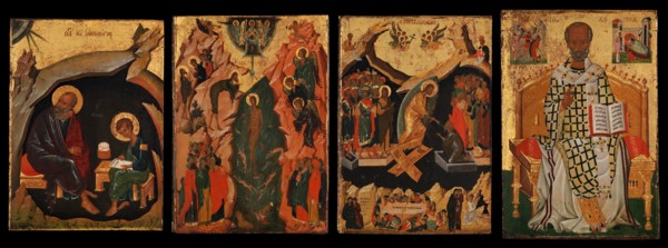 Four Icons from a Pair of Doors (Panels), possibly part of a Polyptych: John the Theologian and Prochoros, the Baptism (Epiphany), Harrowing of Hell (Anastasis), and Saint Nicholas, Byzantine, early 1...