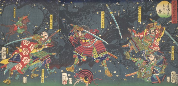 Plum Blossoms in the Forest of Ikuta, from the series Bravery-Beauty of the four seasons (Buyu setsugekka no uchi-Ikuta no mori, Ebira no ume), 1867.