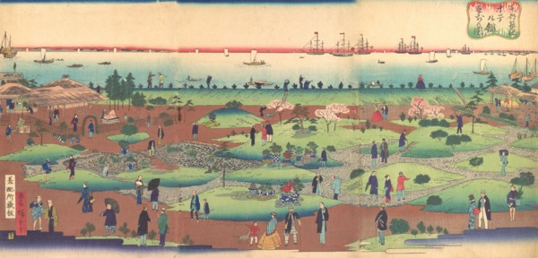 Illustration of the Front Garden of the Tsukiji Hotel in the Eastern Capital (Toto Tsukiji hoteru kan niwa mae no zu), ca. 1868-72.