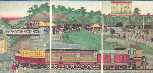 Illustration of a Steam Locomotive Running on the Takanawa Railroad in Tokyo (Tokyo takanawa tetsudo jokisha soko no zu), ca. 1873.