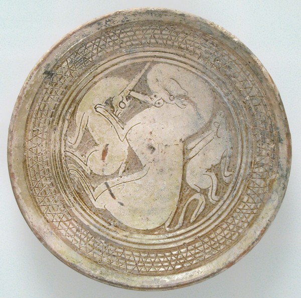 Bowl with Three Animals, Byzantine, 1100-1300. long-eared rabbit with a large panther and a deer.