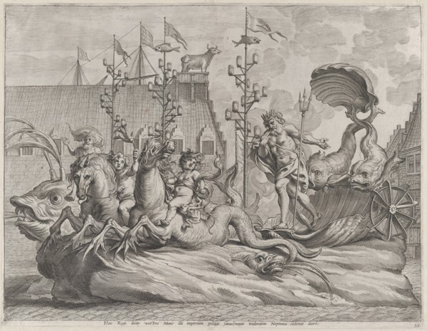 Plate 35: Philip of Spain as Neptune, riding in a chariot drawn by two sea horses; from Guillielmus Becanus's 'Serenissimi Principis Ferdinandi, Hispaniarum Infantis...', 1636.